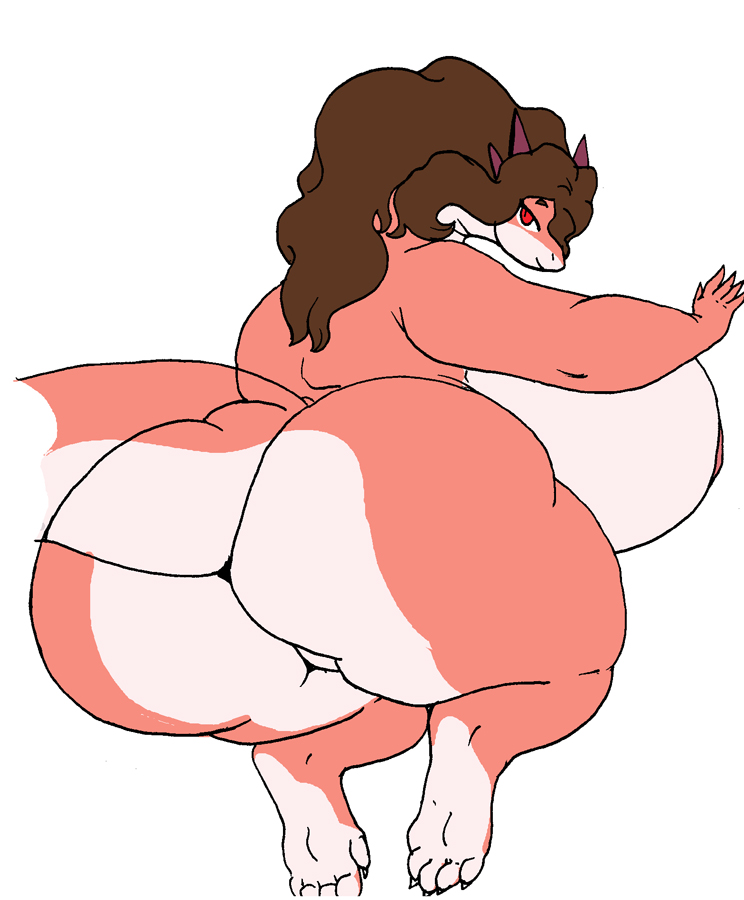 2019 5_fingers 5_toes anthro areola big_breasts big_butt breasts brown_hair butt curvy_figure dragon female fingers hair horn huge_breasts huge_butt long_hair looking_at_viewer miss_l nude obese obese_anthro obese_female overweight overweight_anthro overweight_female rear_view red_eyes simple_background solo thick_thighs toes vdisco voluptuous white_background wide_hips