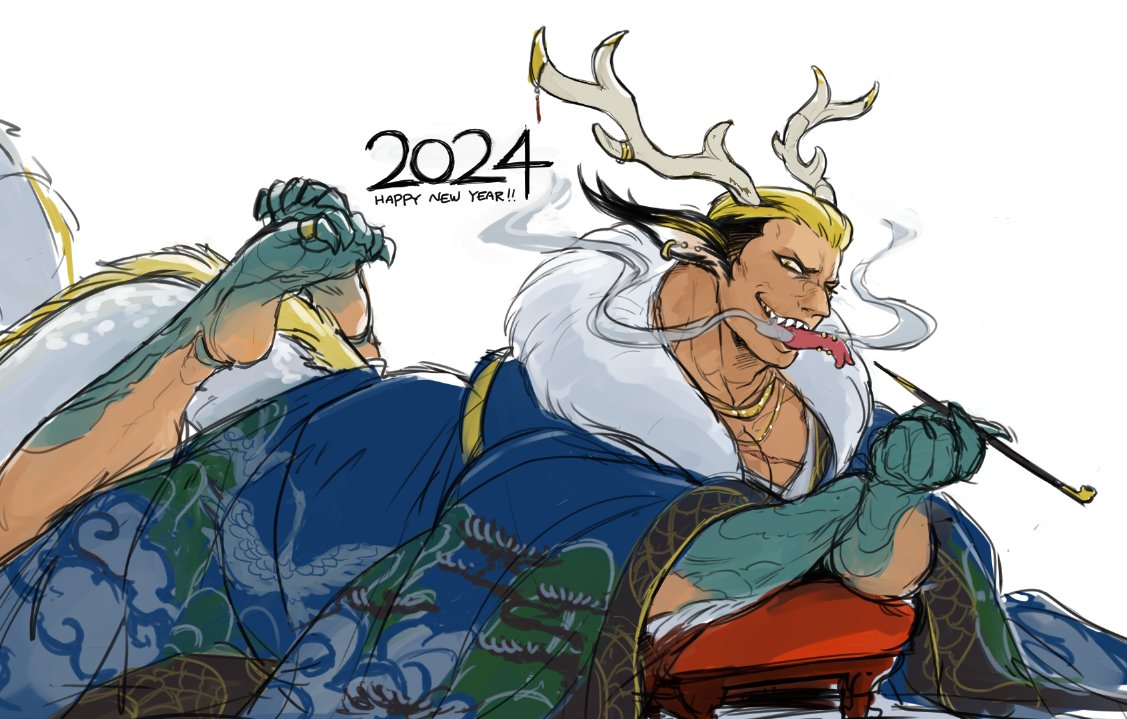 1boy alternate_costume antlers bara blonde_hair chinese_zodiac dragon_boy dragon_ears dragon_horns feet feet_up full_body holding holding_smoking_pipe horns large_pectorals limp_wrist long_tongue looking_at_viewer lying male_focus mature_male monster_boy monsterification mouth_trail multicolored_hair muscular muscular_male nipples nyaattoberritto on_stomach pectoral_cleavage pectorals piercing sharp_toenails smile smoke smoking_pipe solo the_king_of_fighters the_pose thick_eyebrows toenails tongue tongue_out tongue_piercing two-tone_hair very_long_ears yamazaki_ryuuji year_of_the_dragon