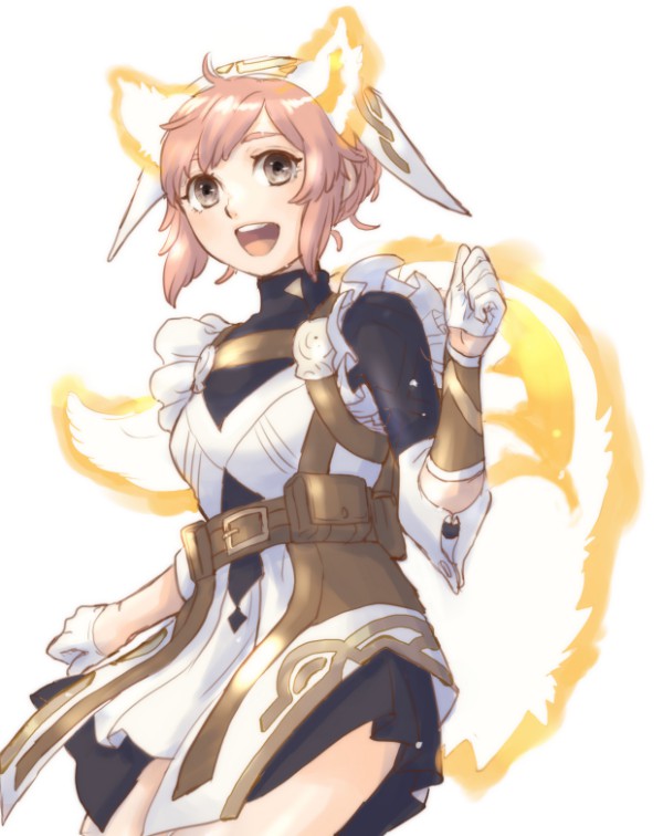 1girl animal_ears brown_eyes brown_hair cowlick fire_emblem fire_emblem_fates frilled_sleeves frills glowing_ears glowing_tail gold_trim leather_belt ratatoskr_(fire_emblem) solo squirrel_ears squirrel_girl squirrel_tail tail usachu_now white_wrist_cuffs