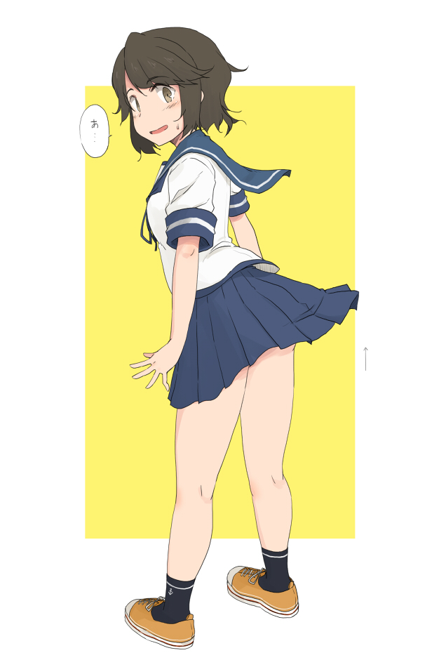 1girl black_legwear brown_eyes brown_hair eyebrows_visible_through_hair from_behind kantai_collection kugui_kiyunemu miyuki_(kantai_collection) orange_footwear pleated_skirt sailor_collar school_uniform serafuku shoes short_hair skirt sneakers socks solo