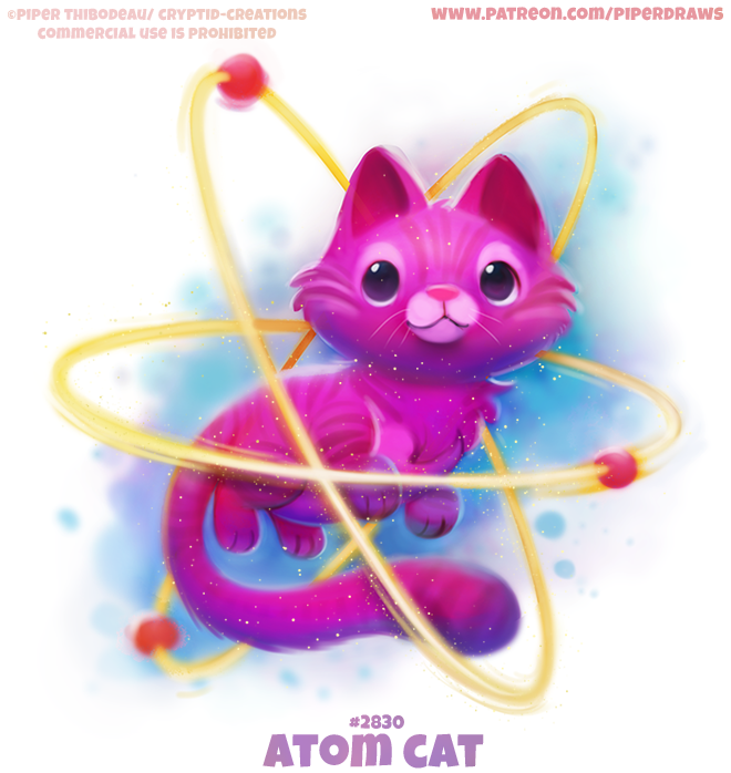 ambiguous_gender atom cryptid-creations domestic_cat electron english_text felid feline felis feral fur humor looking_at_viewer mammal pink_body pink_fur pun purple_body purple_eyes purple_fur smile solo text url visual_pun whiskers