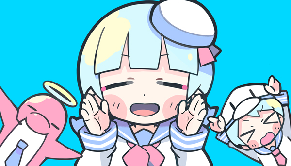 &gt;_&lt; 1boy 1girl animal_hat arms_up blue_background blue_hair blue_necktie blue_sailor_collar blunt_bangs blush_stickers character_request closed_eyes collared_shirt commentary_request copyright_request dolphin duck_hat halo hands_on_own_cheeks hands_on_own_face hat hat_ribbon long_sleeves low_twintails mini_hat neckerchief necktie open_mouth outstretched_arms red_neckerchief red_ribbon ribbon sailor sailor_collar sailor_hat sailor_shirt shirt short_hair short_twintails simple_background smile straight-on terada_tera twintails upper_body v-shaped_eyebrows white_headwear white_shirt white_sleeves yellow_halo