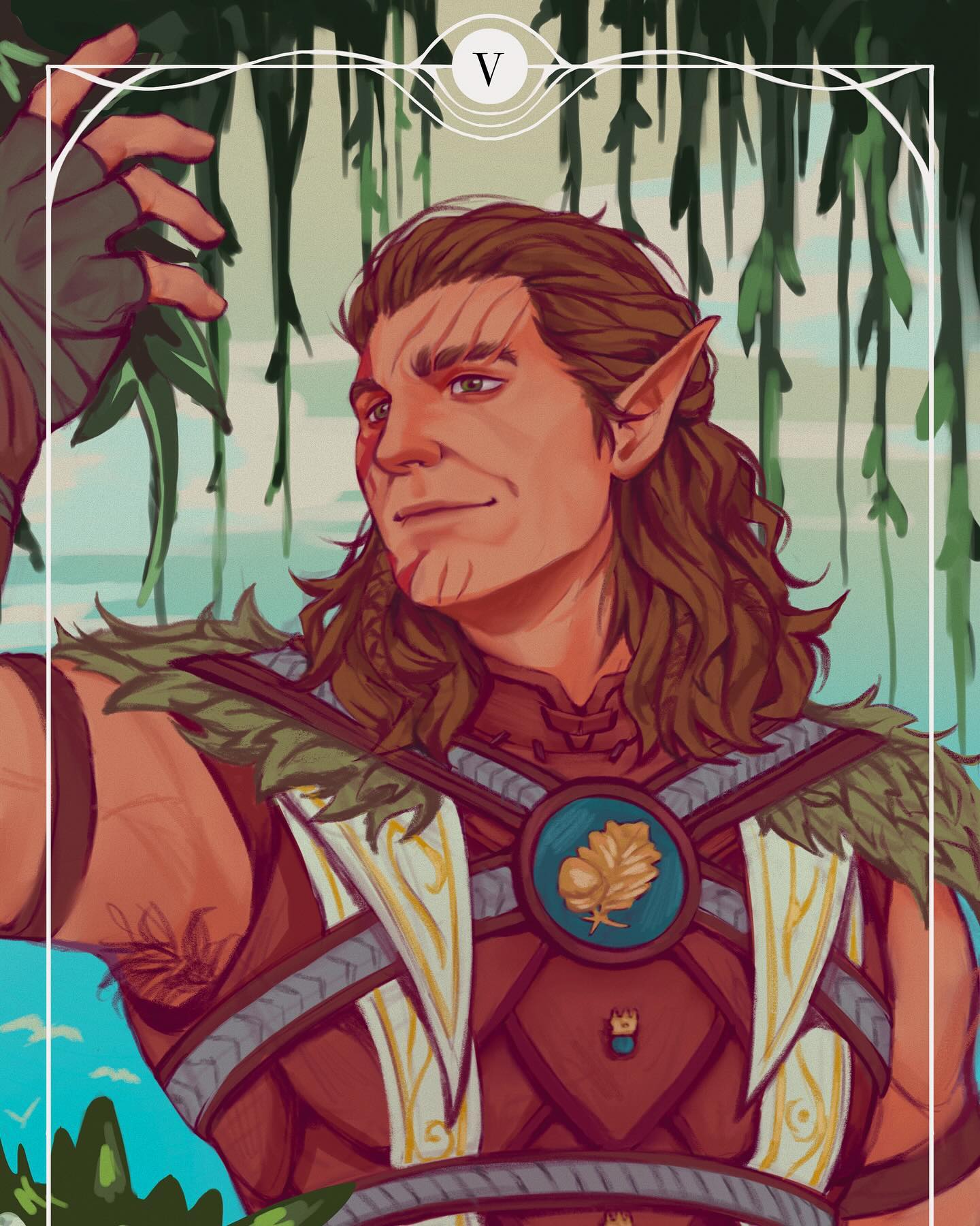 1boy arm_up armpit_hair armpits baldur's_gate baldur's_gate_3 brown_hair dark-skinned_male dark_skin dungeons_and_dragons elf halsin highres inset_border male_focus mature_male medium_hair muscular muscular_male nature pointy_ears sleeveless smile solo tarot tarot_(medium) the_hierophant_(tarot) thick_eyebrows thom_sketching tribal turning_head upper_body
