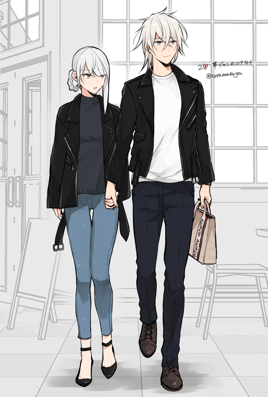 1boy 1girl alternate_costume bag black_jacket black_sweater blue_eyes contemporary couple facing_viewer full_body heart hetero high_heels highres holding_hands jacket kaine_(nier) kurosawa_kazuto nier nier_(series) nier_(young) open_clothes open_jacket pants shadow shirt shopping_bag short_hair skinny_jeans smile sweater twitter_username walking white_hair white_shirt yellow_eyes