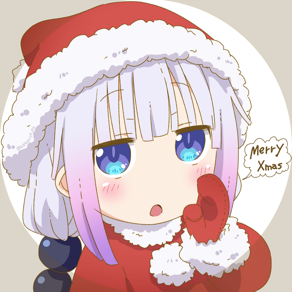 1girl beads blue_eyes blush brown_background close-up coat english_text gloves gradient_hair hair_beads hair_ornament hand_up hat kanna_kamui kobayashi-san_chi_no_maidragon long_sleeves merry_christmas multicolored_hair open_mouth purple_hair red_coat red_gloves red_headwear samansa_ex santa_hat short_hair solo speech_bubble white_background white_hair