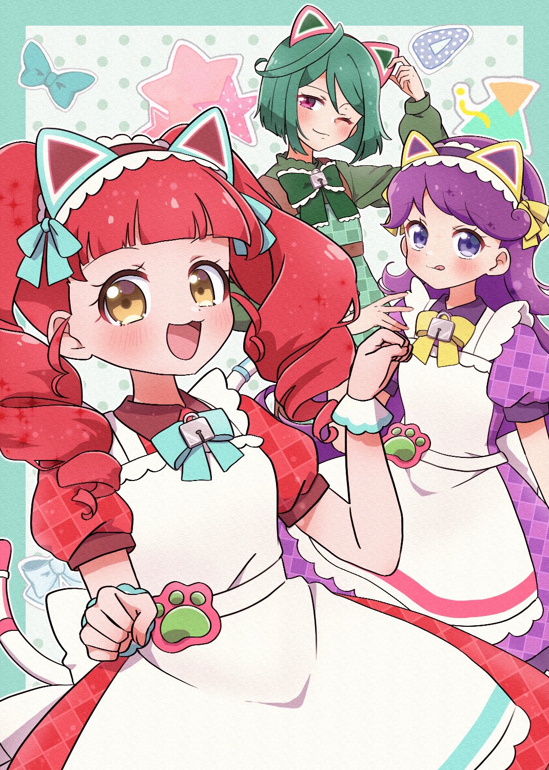 3girls :d akagi_anna animal_ear_hairband animal_ears apron arm_up blue_ribbon blunt_bangs cat_ear_hairband cat_ears cat_tail chii_(chi_pppuri) closed_mouth collared_dress cowboy_shot dress fake_animal_ears green_dress green_hair green_ribbon hairband hands_up highres kiratto_pri_chan lock long_hair looking_at_viewer midorikawa_sara multiple_girls one_eye_closed open_mouth paw_pose pink_eyes pretty_series puffy_short_sleeves puffy_sleeves purple_dress purple_eyes purple_hair red_dress red_hair ribbon shido_mel short_hair short_sleeves smile standing tail tongue tongue_out twintails very_long_hair white_apron wrist_cuffs yellow_eyes yellow_ribbon