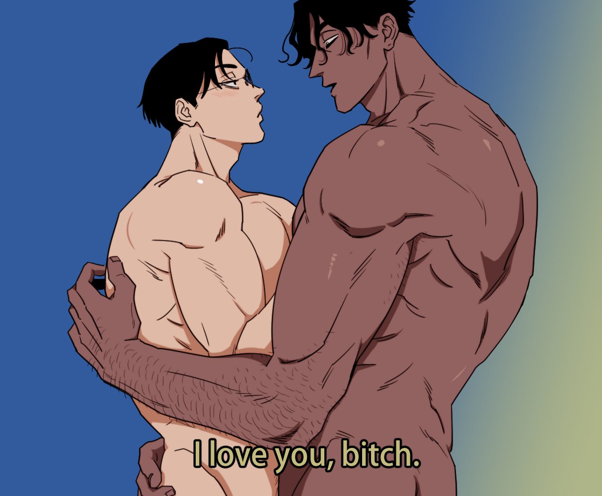 2boys bad_id bad_twitter_id balnom bara couple cowboy_shot dark-skinned_male dark_skin english_text eye_contact foreplay from_side interracial looking_at_another male_focus multiple_boys muscular muscular_male original profile short_hair subtitled thick_eyebrows yaoi