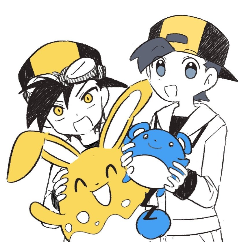 2boys alternate_color azumarill backwards_hat baseball_cap black_hair black_shirt blue_eyes bright_pupils closed_eyes closed_mouth commentary_request dot_nose edlsov3363 ethan_(pokemon) goggles goggles_on_head hands_up happy hat holding holding_pokemon jacket korean_commentary leaning_to_the_side long_sleeves looking_at_viewer male_focus marill multiple_boys open_mouth pokemon pokemon_(creature) pokemon_adventures pokemon_hgss shiny_pokemon shirt short_hair smile spot_color standing upper_body yellow_eyes