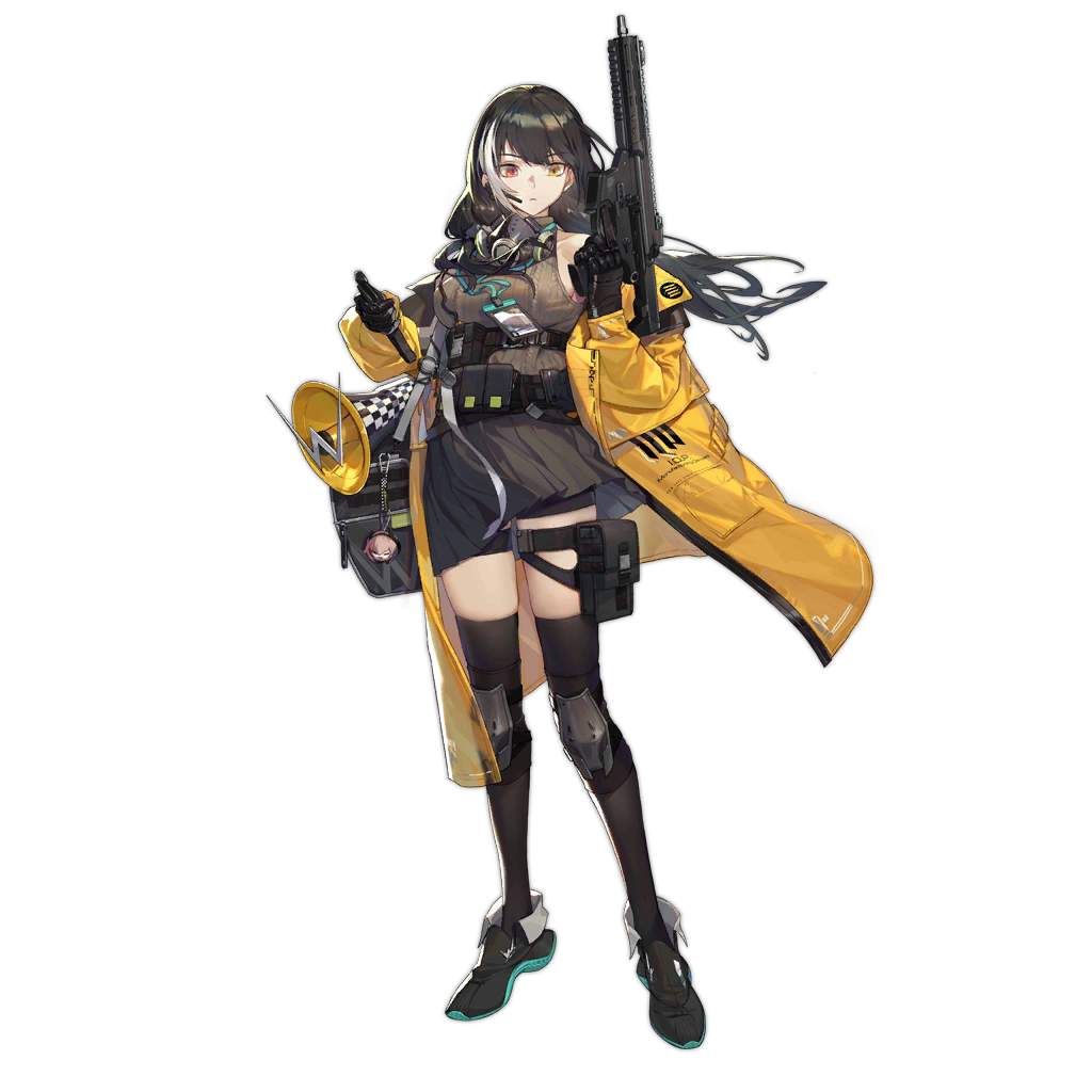 1girl artist_request bag black_footwear black_gloves black_hair black_legwear breasts charm_(object) closed_mouth eyebrows_visible_through_hair gas_mask girls_frontline gloves gun headset heterochromia holding holding_gun holding_weapon id_card jacket keychain knee_pads lanyard long_hair m4_sopmod_ii_(girls_frontline) magazine_(weapon) mask mask_around_neck megaphone mod3_(girls_frontline) mouth_mask multicolored_hair noveske_rifleworks noveske_space_invader off_shoulder official_art pouch red_eyes ro635 ro635_(girls_frontline) skirt sleeveless solo standing streaked_hair submachine_gun thigh_strap thighhighs transparent_background weapon white_hair yellow_eyes yellow_jacket