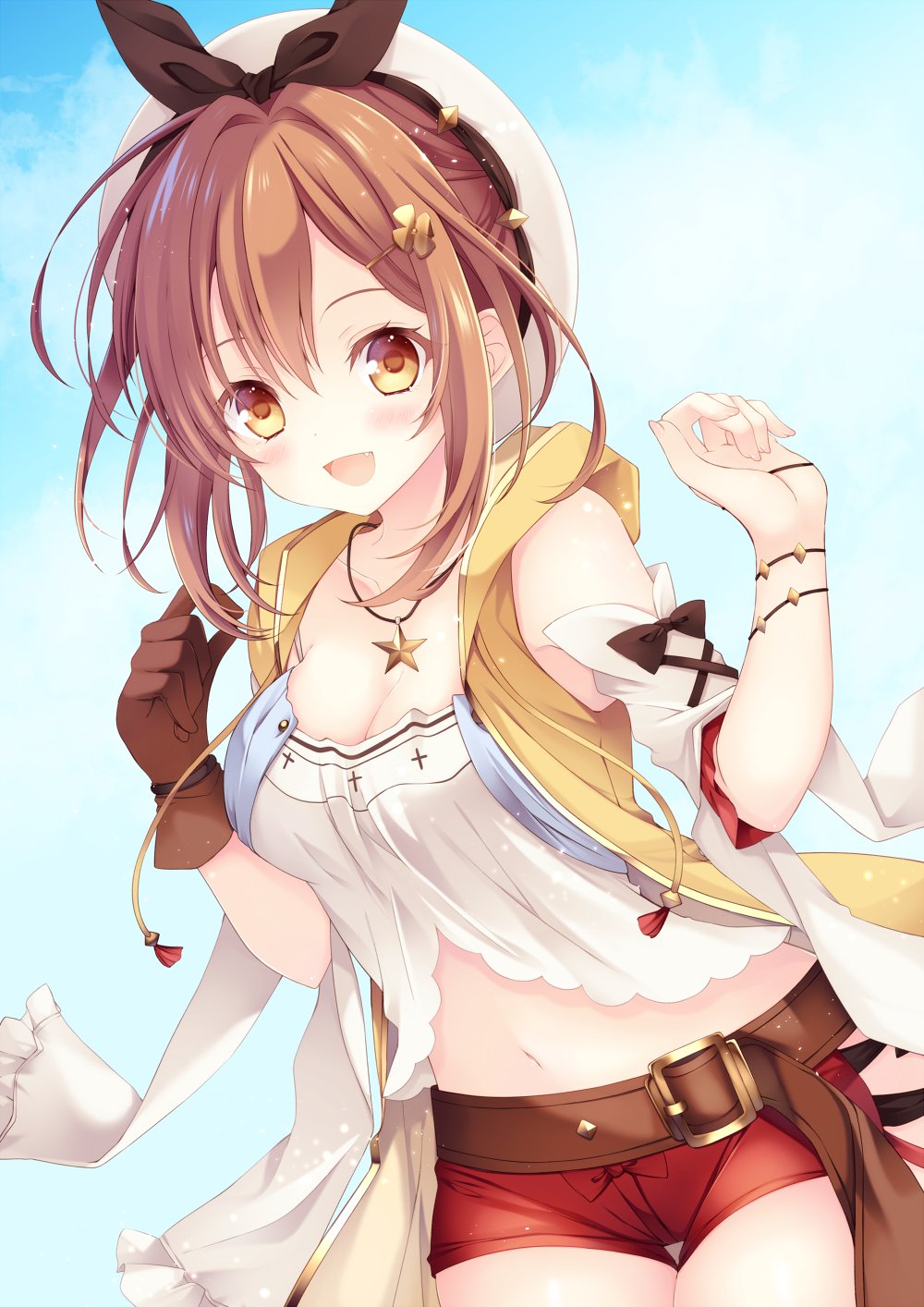 1girl :d atelier_(series) atelier_ryza atelier_ryza_1 belt belt_buckle beret blue_sky blush bow bow_shorts bracelet breasts brown_belt brown_bow brown_eyes brown_gloves brown_hair buckle camisole cleavage cloud cloudy_sky commentary_request cowboy_shot crop_top cross-laced_clothes cross-laced_sleeves curled_fingers detached_sleeves dot_nose drawstring eyelashes fang flower gloves hair_flower hair_ornament hairclip hat hat_bow highres hiryuu_kanon hood hood_down hooded_jacket jacket jewelry large_bow large_breasts leaning_forward leather_belt looking_at_viewer midriff navel necklace open_clothes open_jacket open_mouth red_bow red_shorts reisalin_stout short_hair short_shorts shorts single_glove sky sleeve_bow sleeveless sleeveless_jacket smile solo star_(symbol) star_necklace swept_bangs tassel thigh_gap thighs thighs_together white_camisole white_headwear yellow_jacket