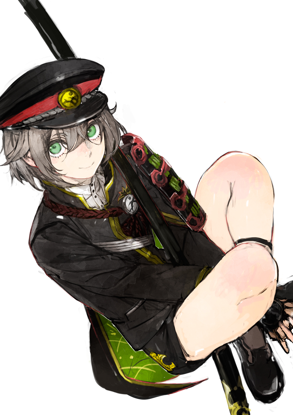 1boy badge bare_legs bishounen black_footwear black_headwear black_jacket black_shorts buttons closed_mouth green_eyes grey_hair gun hair_between_eyes hat highres hotarumaru jacket loafers long_sleeves looking_at_viewer male_focus rifle shoes short_hair short_shorts shorts sidelocks simple_background sitting smile solo toi8 touken_ranbu weapon white_background