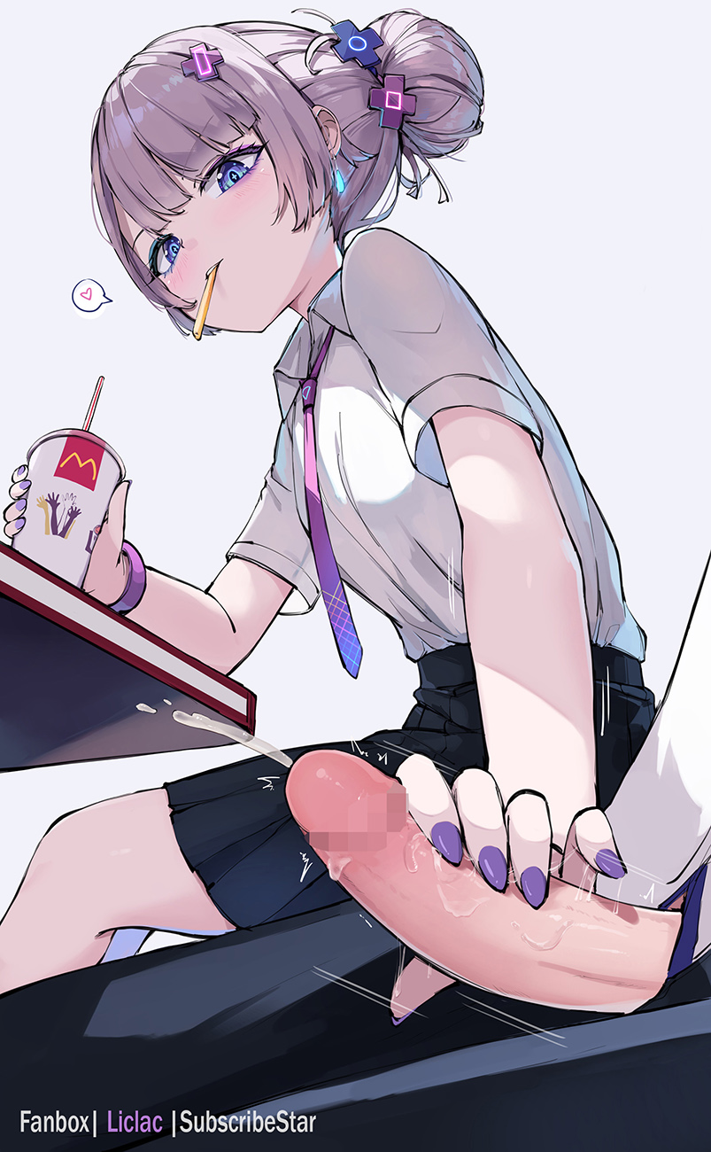 1boy 1girl blue_eyes censored commentary_request cum cup ejaculation fingernails grey_background grey_hair hair_ornament handjob hetero highres holding holding_cup liclac mcdonald's mosaic_censoring mouth_hold nail_polish necktie original penis purple_nails school_uniform shirt short_hair short_sleeves simple_background sitting white_shirt