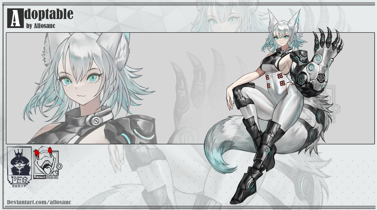 1girl :3 adoptable allosauc animal_ear_fluff animal_ears armored_boots artist_name black_collar black_footwear blue_eyes blue_hair bodysuit boots breasts claws closed_mouth collar deviantart_username english_text eyelashes fingernails full_body gradient_background gradient_hair grey_background hair_between_eyes hand_on_own_knee knee_pads large_breasts looking_at_viewer mechanical_arms multicolored_hair multiple_views original polka_dot polka_dot_background projected_inset side_slit sideboob simple_background single_bare_arm single_bare_shoulder single_mechanical_arm sleeveless sleeveless_bodysuit smile tail triangle_background upper_body watermark white_bodysuit white_hair wolf_ears wolf_tail