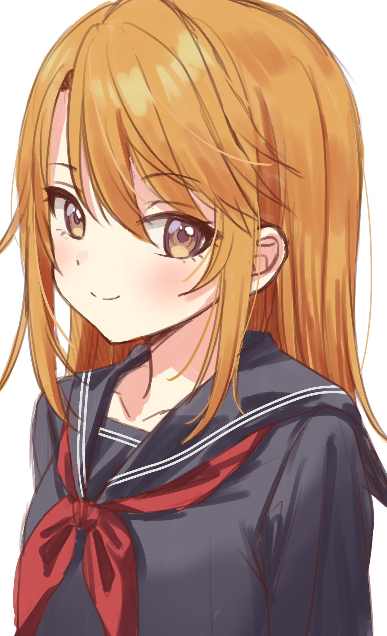 1girl arms_at_sides black_sailor_collar black_shirt blush brown_eyes collarbone dot_nose hibiki_tohru highres idolmaster idolmaster_cinderella_girls long_sleeves looking_at_viewer neckerchief orange_hair red_neckerchief sailor_collar school_uniform serafuku shirt simple_background smile solo straight_hair upper_body white_background yuuki_haru