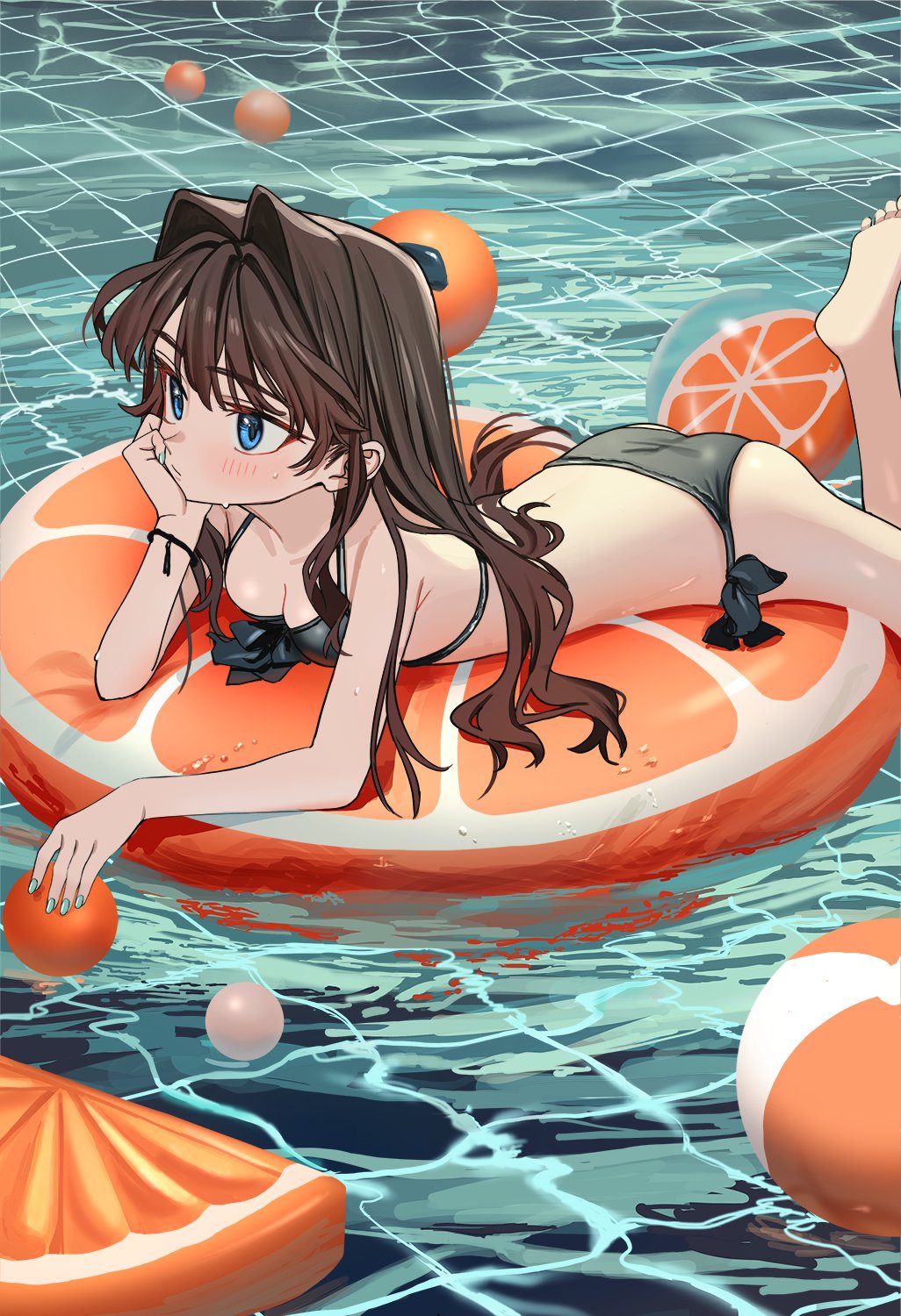 1girl aqua_nails ball beachball bikini black_bikini blue_eyes breasts brown_hair caustics choppy_bangs cleavage cropped_legs elisia_valfelto head_on_hand highres innertube long_hair luicent lying on_stomach original pool sidelocks small_breasts swim_ring swimsuit water wavy_hair wristband