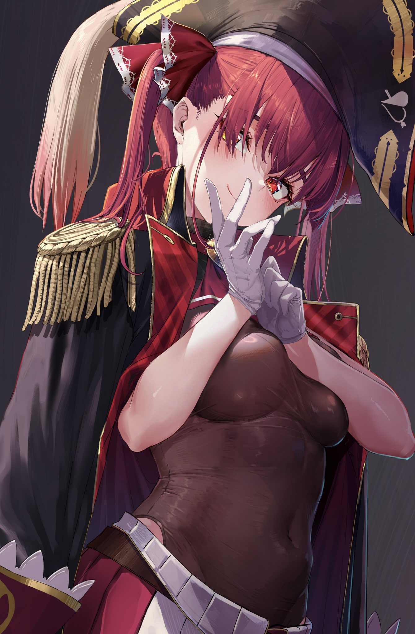 1girl akasaai arrow_through_heart ascot bicorne blush breasts brown_leotard coat coat_on_shoulders covered_navel epaulettes gloves hair_over_one_eye hair_ribbon hat heterochromia highres hololive houshou_marine houshou_marine_(1st_costume) large_breasts leotard leotard_under_clothes long_hair looking_at_viewer no_eyepatch pirate pirate_hat red_ascot red_coat red_eyes red_hair ribbon see-through see-through_leotard simple_background smile solo twintails virtual_youtuber white_gloves yellow_eyes