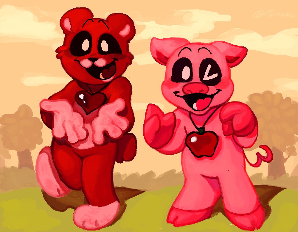 anthro bear bobby_bearhug cloud domestic_pig duo female grass igmoko jewelry looking_at_viewer mammal necklace on_one_leg one_eye_closed open_mouth open_smile pickypiggy plant poppy_playtime sky smile smiling_critters standing suid suina sus_(pig) tongue tree