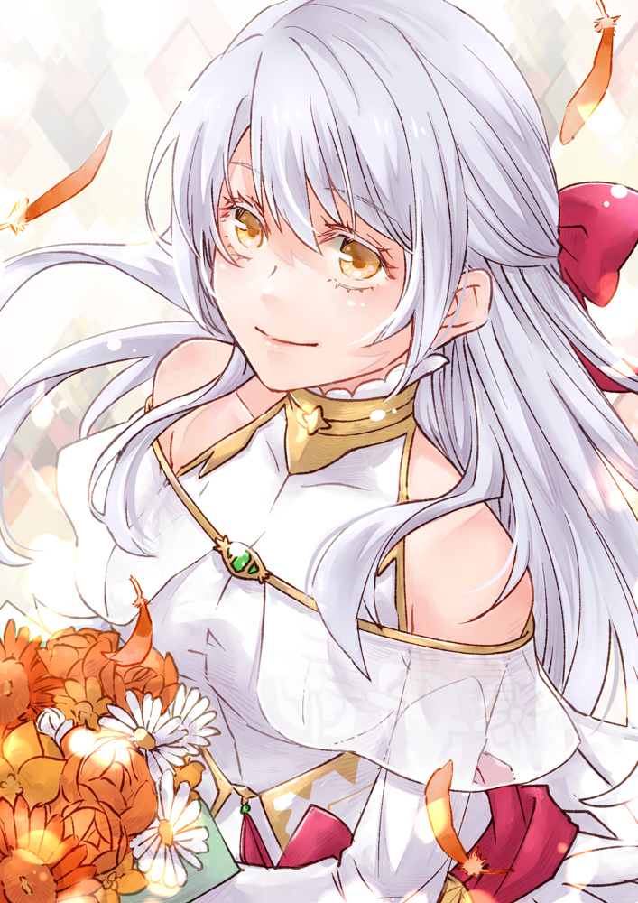1girl bare_shoulders blue_scarf bouquet bow bride closed_mouth detached_sleeves dress ebi_puri_(ebi-ebi) feathers fire_emblem fire_emblem:_radiant_dawn fire_emblem_heroes flower grey_hair hair_bow half_updo holding holding_bouquet long_hair long_sleeves micaiah_(bridal)_(fire_emblem) micaiah_(fire_emblem) official_alternate_costume scarf simple_background smile solo upper_body wedding_dress white_background white_dress yellow_eyes