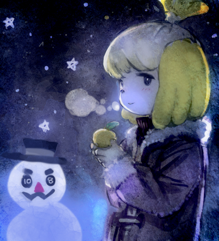 1girl animal_crossing black_background black_coat black_eyes black_headwear blonde_hair blue_background breath coat food fruit fur-trimmed_coat fur_trim furry furry_female hat holding holding_food holding_fruit isabelle_(animal_crossing) long_sleeves looking_at_viewer mandarin_orange medium_hair parted_lips snowing snowman solo standing star_(symbol) toi8 two-tone_background upper_body winter