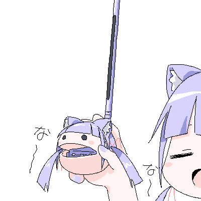 1girl animal_ears blunt_bangs blush_stickers cat_ears closed_eyes hand_up holding holding_toy lokulo-chan lokulo_no_mawashimono long_hair low_twintails lowres music open_mouth original otamatone parody portrait purple_hair purple_nails simple_background singing smile solid_circle_eyes solo split_crop toy translation_request twintails white_background