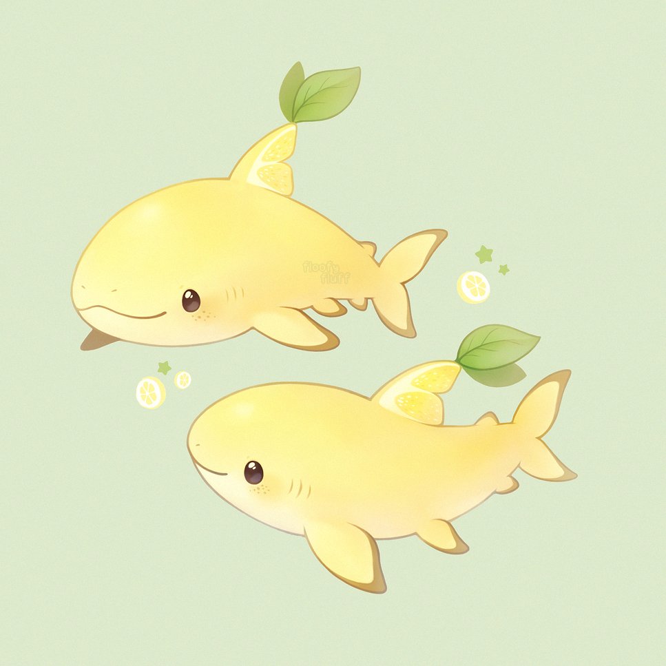 animal brown_background closed_mouth colored_skin food fruit ida_(floofyfluff) leaf lemon no_humans original shark simple_background yellow_skin