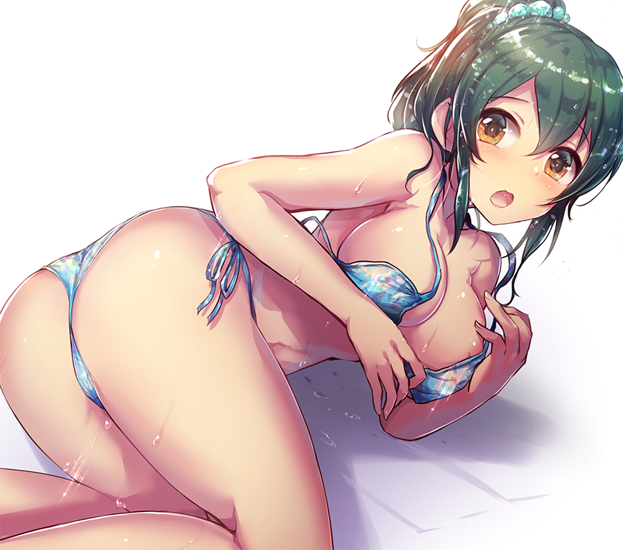 1girl areola_slip ass bare_shoulders bikini blue_bikini blush breasts brown_eyes cleavage collarbone dot_nose green_hair hair_bobbles hair_ornament idolmaster idolmaster_cinderella_girls idolmaster_cinderella_girls_starlight_stage kara_(color) long_hair looking_at_viewer lying medium_breasts nipple_slip nipples ohishi_izumi on_side open_mouth ponytail side-tie_bikini_bottom simple_background solo strap_slip swimsuit wedgie wet white_background