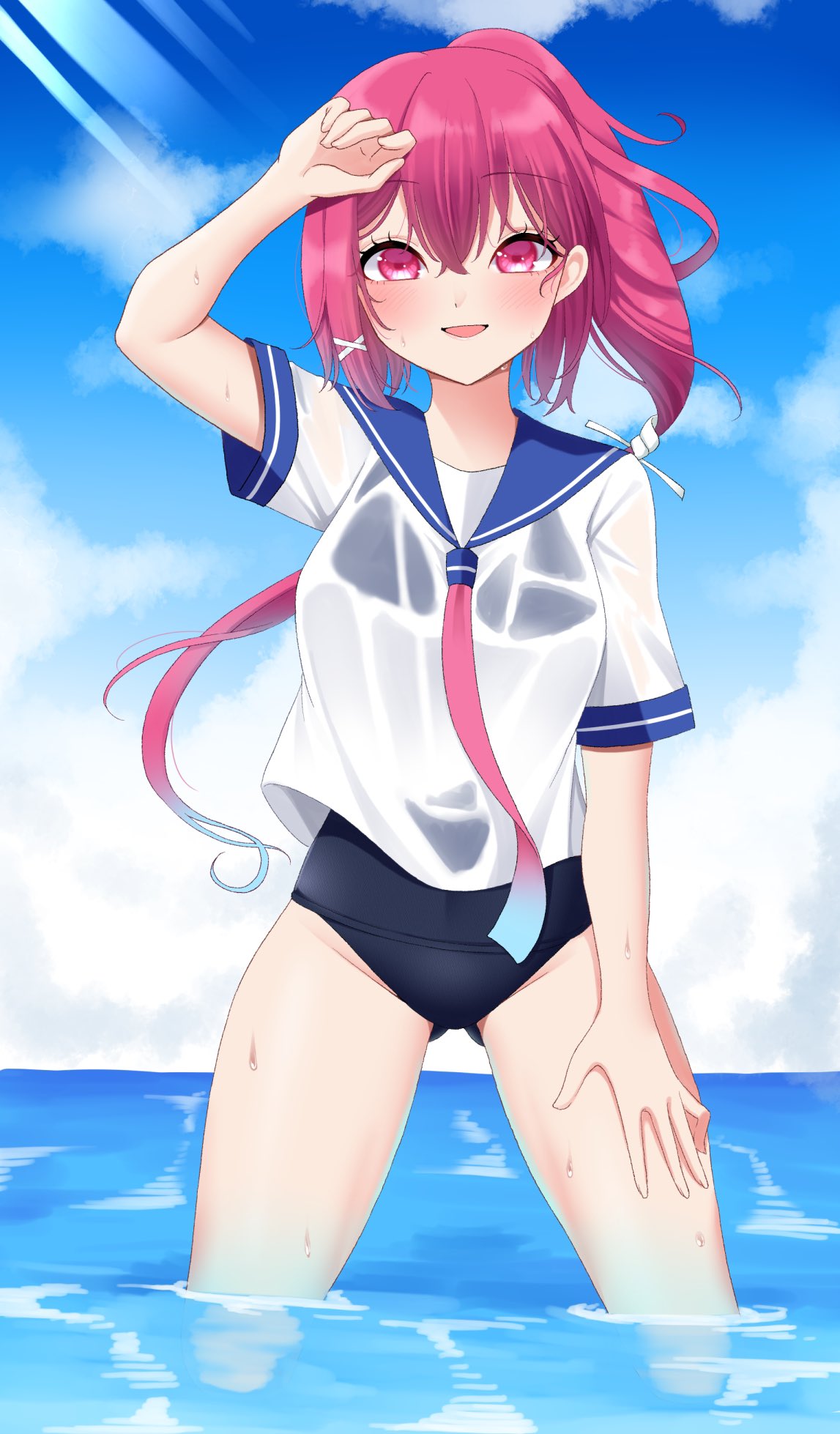 1girl ahoge ass_visible_through_thighs beach blush hair_ornament hair_ribbon highres i-168_(kancolle) kantai_collection long_hair looking_at_viewer ocean one-piece_swimsuit open_mouth outdoors pink_hair ponytail red_eyes red_hair ribbon school_swimsuit school_uniform serafuku smile solo sunlight swimsuit swimsuit_under_clothes water yomogi_dango