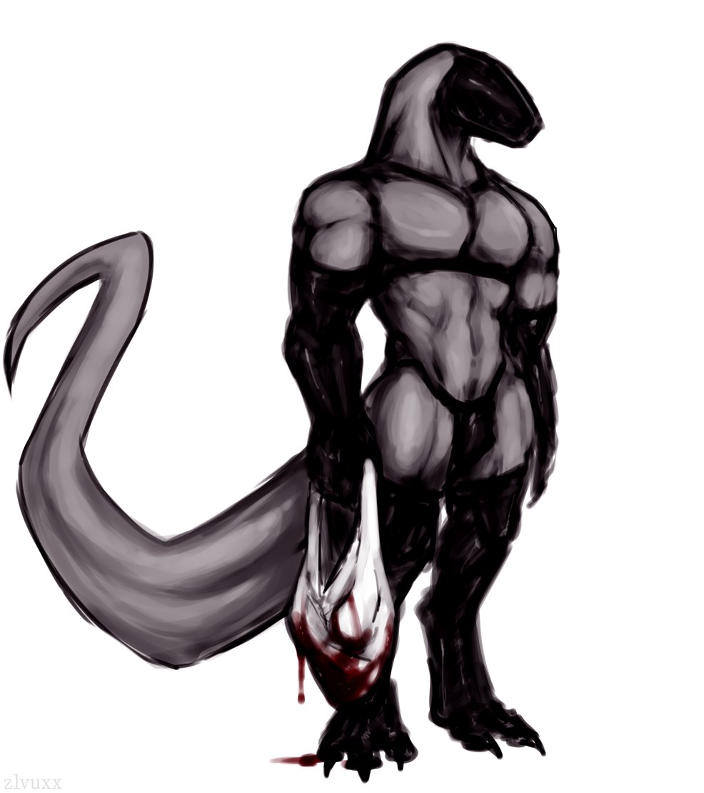 3_toes anthro armwear bag blood bodily_fluids clothing dripping_blood elbow_gloves feet gloves handwear legwear long_tail male mask muscular scalie solo tail tapering_tail thigh_highs toes unknown_species zlvuxx