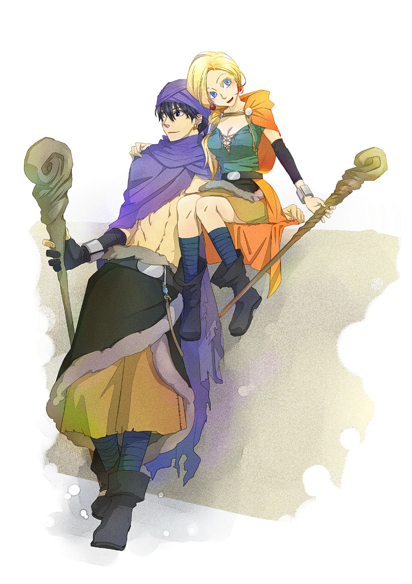 1boy 1girl arm_around_shoulder belt bianca_(dq5) black_footwear black_gloves black_hair black_sleeves blonde_hair blue_eyes boots bracelet braid breasts brown_skirt cape cleavage cloak commentary_request couple detached_sleeves dragon_quest dragon_quest_v earrings full_body gloves green_shirt hair_over_shoulder hand_on_another's_shoulder height_difference hero_(dq5) holding holding_staff itadaki_street jewelry kirimochi_niwe large_breasts long_hair open_mouth orange_cape purple_cape purple_cloak purple_headwear shirt single_braid single_glove sitting skirt smile staff standing toned toned_male turban