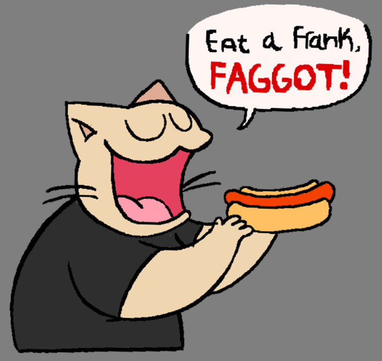 4_fingers ambiguous_gender anthro black_clothing black_shirt black_topwear cassi_cat_(cassicat) cassicat clothed clothing dialogue domestic_cat english_text eyes_closed felid feline felis female_(lore) fingers food holding_food holding_hot_dog holding_object homophobic_slur hot_dog mammal open_mouth overweight overweight_ambiguous overweight_anthro pink_tongue shirt solo speech_bubble tan_body text tongue topwear trans_(lore) trans_woman_(lore) whiskers