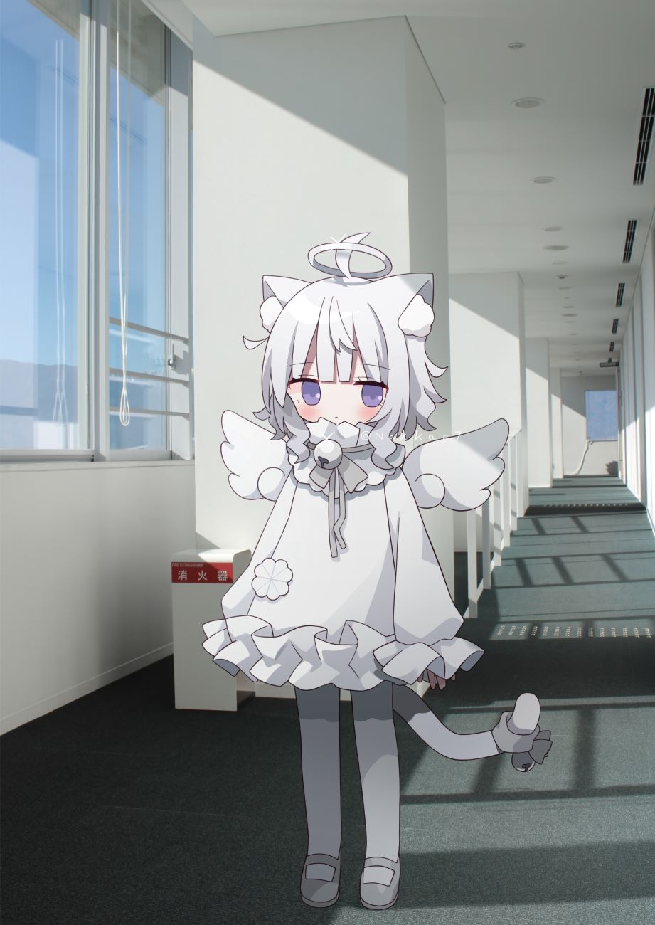 1girl ahoge animal_ear_fluff animal_ears bell blue_sky blush bow cat_ears cat_girl cat_tail closed_mouth commentary_request day detached_wings dress grey_bow grey_footwear grey_hair grey_pantyhose halo highres indoors jingle_bell long_sleeves looking_at_viewer mini_wings nakkar neck_bell original pantyhose photo_background puffy_long_sleeves puffy_sleeves purple_eyes shoes sky sleeves_past_wrists solo standing tail tail_bell tail_bow tail_ornament twitter_username white_dress white_wings window wings
