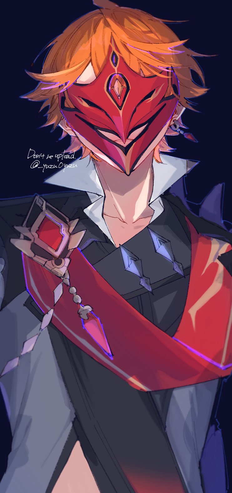 1boy artist_name blue_background cape collarbone collared_shirt commentary_request earrings genshin_impact grey_jacket highres jacket jewelry lapels male_focus mask orange_hair parted_lips popped_collar red_cape red_mask sakura_0270 shirt short_hair simple_background single_earring solo tartaglia_(genshin_impact) twitter_username upper_body white_shirt