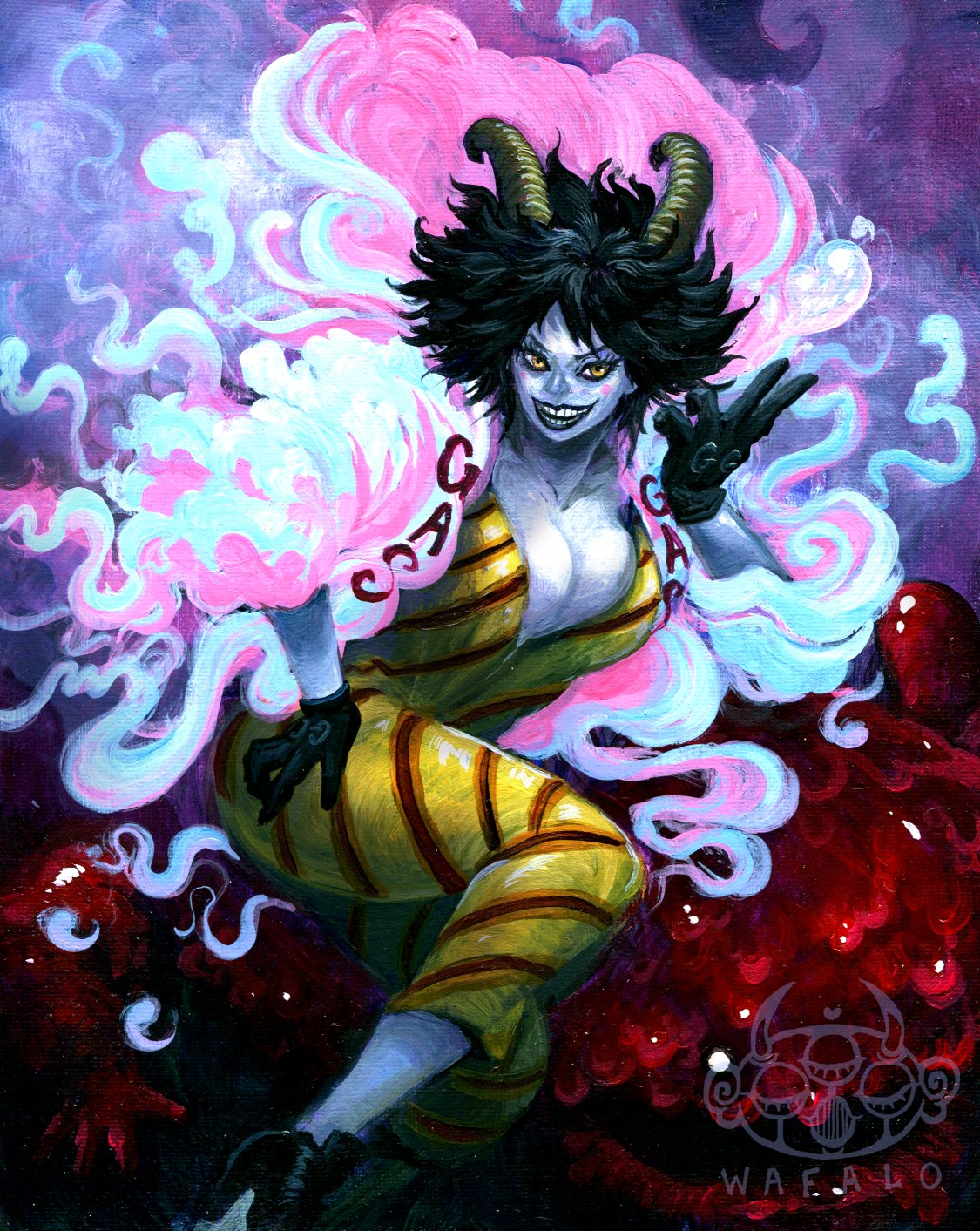 1girl acrylic_paint_(medium) artist_logo artist_name black_footwear black_gloves black_hair boots breasts caesar_clown cleavage clothes_writing cloud_clothes creature demon_horns gas genderswap genderswap_(mtf) gloves grin hand_on_own_hip highres horns jumpsuit lab_coat mad_scientist medium_hair messy_hair one_piece open_mouth painting_(medium) partially_unzipped purple_clouds slime_(substance) smile smiley_(one_piece) solo_focus striped_jumpsuit teeth traditional_media v wafalo white_eyes yellow_eyes yellow_jumpsuit