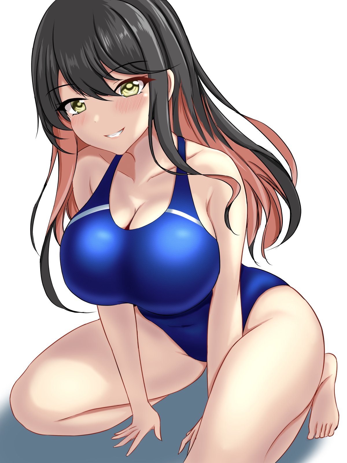 1girl aqua_bow aqua_bowtie black_hair blue_one-piece_swimsuit blush bow bowtie breasts competition_swimsuit covered_navel hair_between_eyes highres kantai_collection large_breasts long_hair looking_at_viewer montemasa multicolored_clothes multicolored_hair multicolored_swimsuit naganami_(kancolle) one-hour_drawing_challenge one-piece_swimsuit pink_hair simple_background smile solo squatting swimsuit two-tone_hair two-tone_swimsuit wavy_hair white_background yellow_eyes
