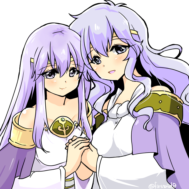 2girls bare_shoulders cape circlet deirdre_(fire_emblem) dress fire_emblem fire_emblem:_genealogy_of_the_holy_war holding_hands julia_(fire_emblem) long_hair looking_at_viewer mother_and_daughter multiple_girls purple_cape purple_eyes purple_hair simple_background wide_sleeves yukia_(firstaid0)