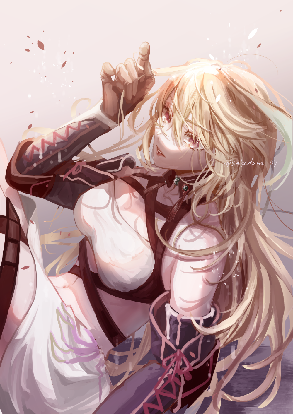 ahoge black_gloves blonde_hair gloves gradient_background grey_background highres holding_own_hair long_hair messy_hair milla_maxwell_(tox2) navel parted_lips red_eyes sakadume_107 shirt skirt solo strapless swept_bangs tales_of_(series) tales_of_xillia tales_of_xillia_2 taut_clothes taut_shirt tube_top twitter_username white_skirt