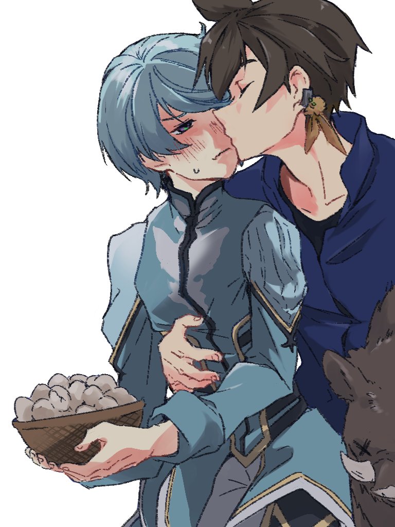 2boys arm_around_waist basket blue_shirt blush boar brown_hair closed_eyes commentary_request earrings egg feather_earrings feathers flustered grey_hair holding holding_basket hug hug_from_behind jewelry kiss kissing_cheek male_focus mikleo_(tales) multiple_boys nezumi_0141 purple_eyes shirt short_hair sketch sorey_(tales) sweat swept_bangs tales_of_(series) tales_of_zestiria upper_body wavy_mouth white_background yaoi