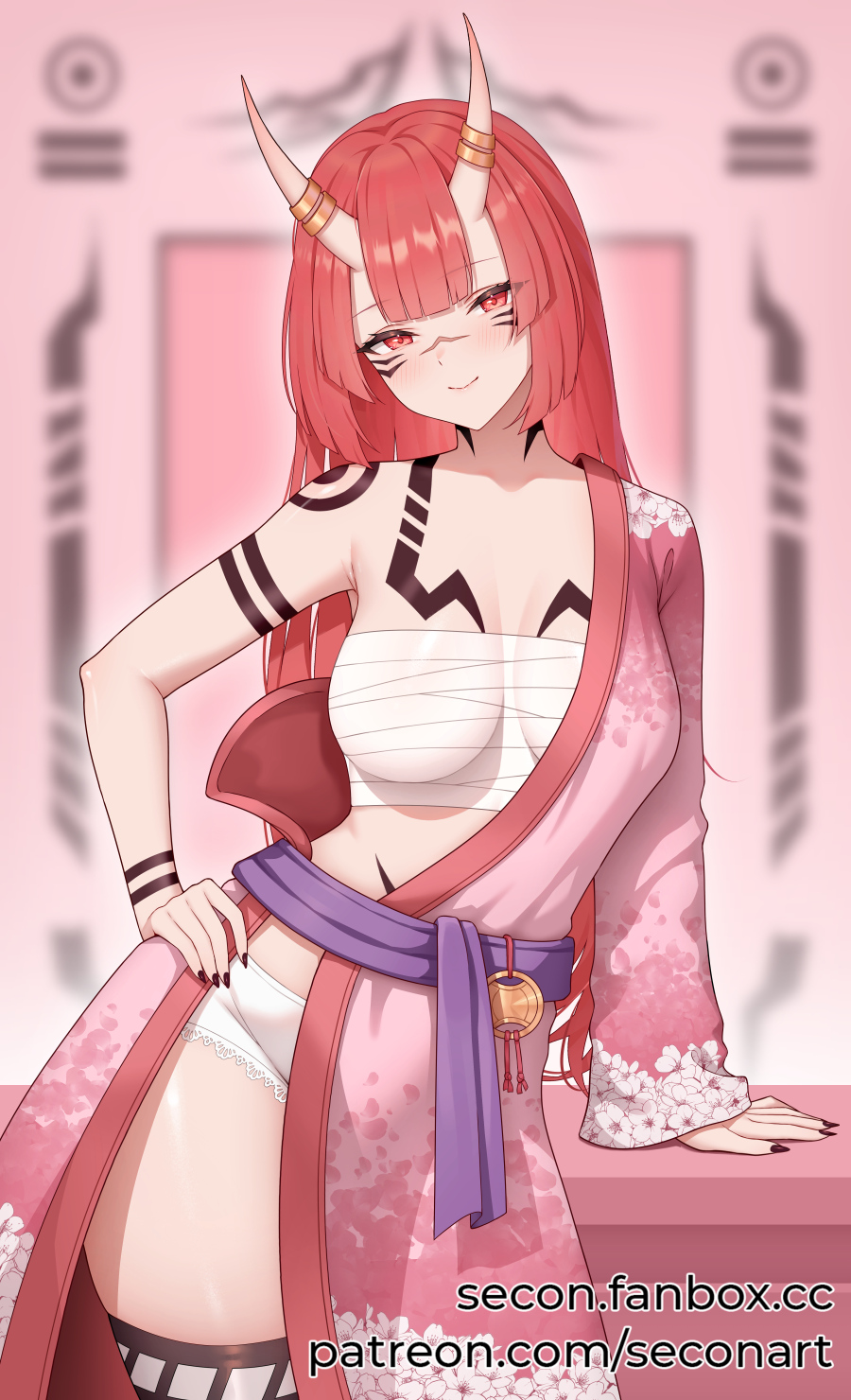 1girl bandages black_nails blurry blurry_background blush breasts character_request chest_sarashi cleavage commentary commission copyright_request cowboy_shot facial_mark floral_print hand_on_own_hip head_tilt highres horn_ornament horn_ring horns japanese_clothes kimono lace-trimmed_shorts lace_trim large_breasts long_hair long_sleeves looking_at_viewer midriff nail_polish obi pink_background pink_eyes pink_hair pink_kimono purple_sash sarashi sash scar scar_on_face scar_on_nose secon short_shorts shorts single_bare_shoulder smile solo standing strapless tattoo thighs tube_top very_long_hair whisker_markings white_shorts