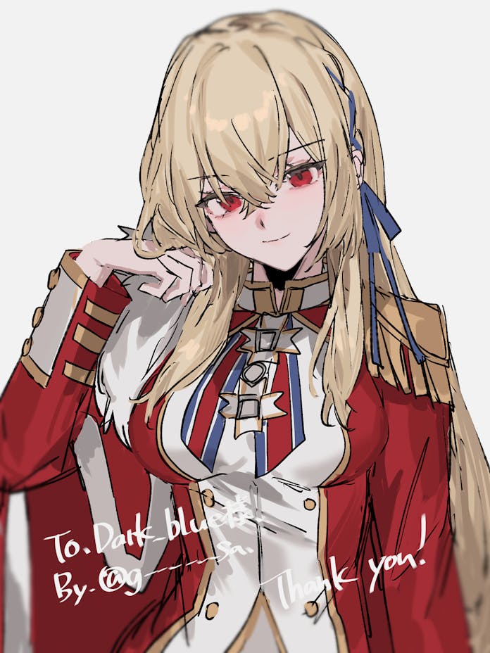 1girl aogisa azur_lane blonde_hair blue_ribbon blurry breasts cape closed_mouth commentary_request commission crossed_bangs grey_background hair_between_eyes hair_flip hair_ribbon hand_in_own_hair hand_up jacket jpeg_artifacts king_george_v_(azur_lane) long_hair long_sleeves looking_at_viewer medium_breasts military_jacket military_uniform red_cape red_eyes red_jacket ribbon simple_background skeb_commission sketch smile solo thank_you twitter_username uniform upper_body watermark
