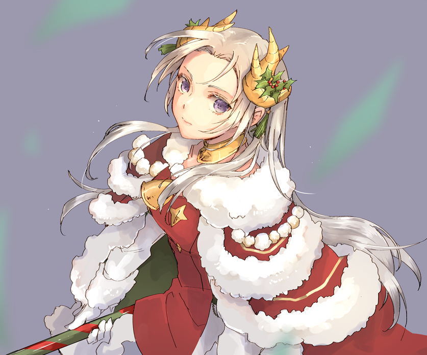 1girl axe cape christmas commentary_request edelgard_von_hresvelg edelgard_von_hresvelg_(snowfall_future) fake_antlers fake_horns fire_emblem fire_emblem:_three_houses fire_emblem_heroes fur-trimmed_cape fur_trim green_cape hair_ornament holding holding_axe holding_polearm holding_weapon holly_hair_ornament holly_hat_ornament horns mistletoe_hair_ornament official_alternate_costume polearm purple_eyes red_cape robaco solo two-tone_cape weapon white_hair yellow_horns