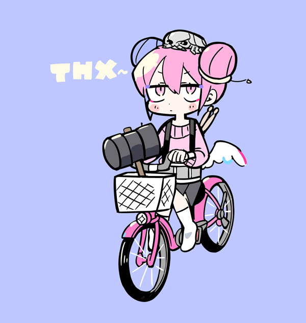 1girl angel_wings animal_on_head ankle_socks bicycle black_skirt blush_stickers bug closed_mouth commentary_request double_bun drumsticks eyelashes full_body hair_bun indie_utaite long_sleeves looking_ahead miniskirt nanawo_akari on_head pink_eyes pink_hair pink_sleeves pink_sweater pleated_skirt purple_background riding riding_bicycle short_hair simple_background skirt socks solo suspenders sweater terada_tera thank_you utaite v-shaped_eyebrows white_socks white_wings wings