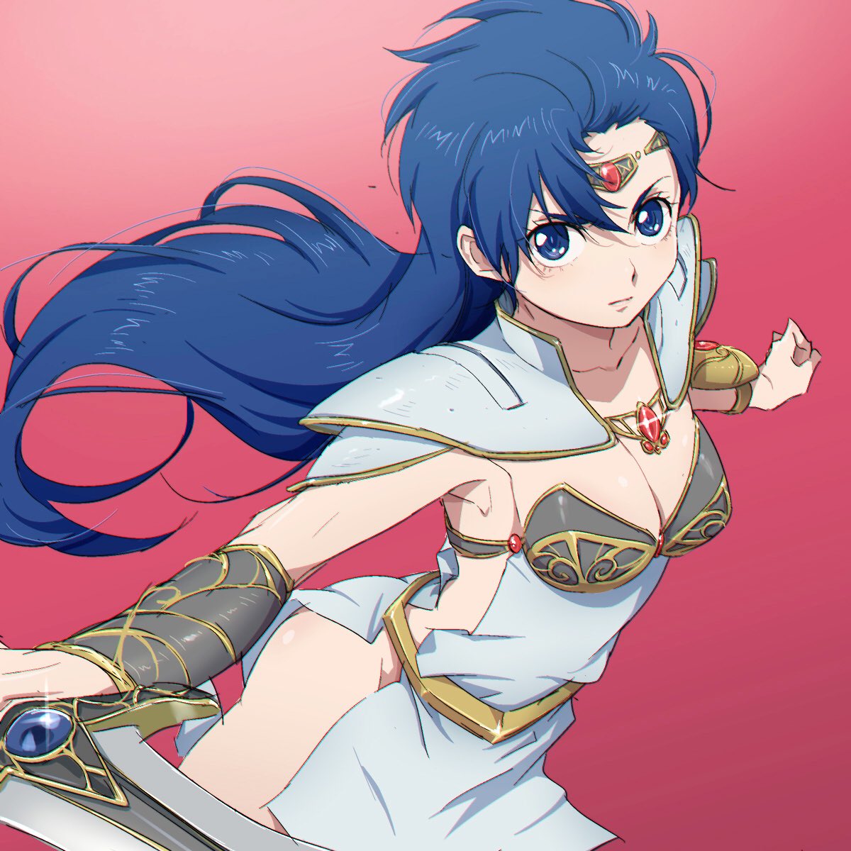 1girl arm_shield armpit_crease asou_yuuko bikini blue_eyes blue_hair breasts circlet cleavage closed_mouth collarbone gem gradient_background grey_bikini groin highres holding holding_sword holding_weapon long_hair medium_breasts mugen_senshi_valis no_panties pelvic_curtain pink_background serious sideless_outfit solo swimsuit sword valis vambraces very_long_hair weapon yazwo