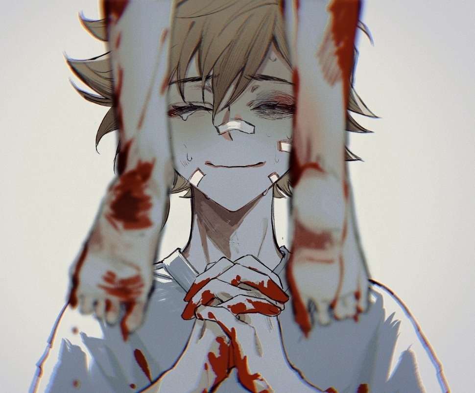 1boy bandaid bandaid_on_face bandaid_on_nose barefoot basil_(faraway)_(omori) basil_(omori) blonde_hair blood blood_on_clothes blood_on_feet blood_on_hands blood_on_leg closed_eyes closed_mouth crying hisenzs interlocked_fingers official_alternate_costume omori own_hands_clasped own_hands_together shirt short_hair smile spoilers white_shirt