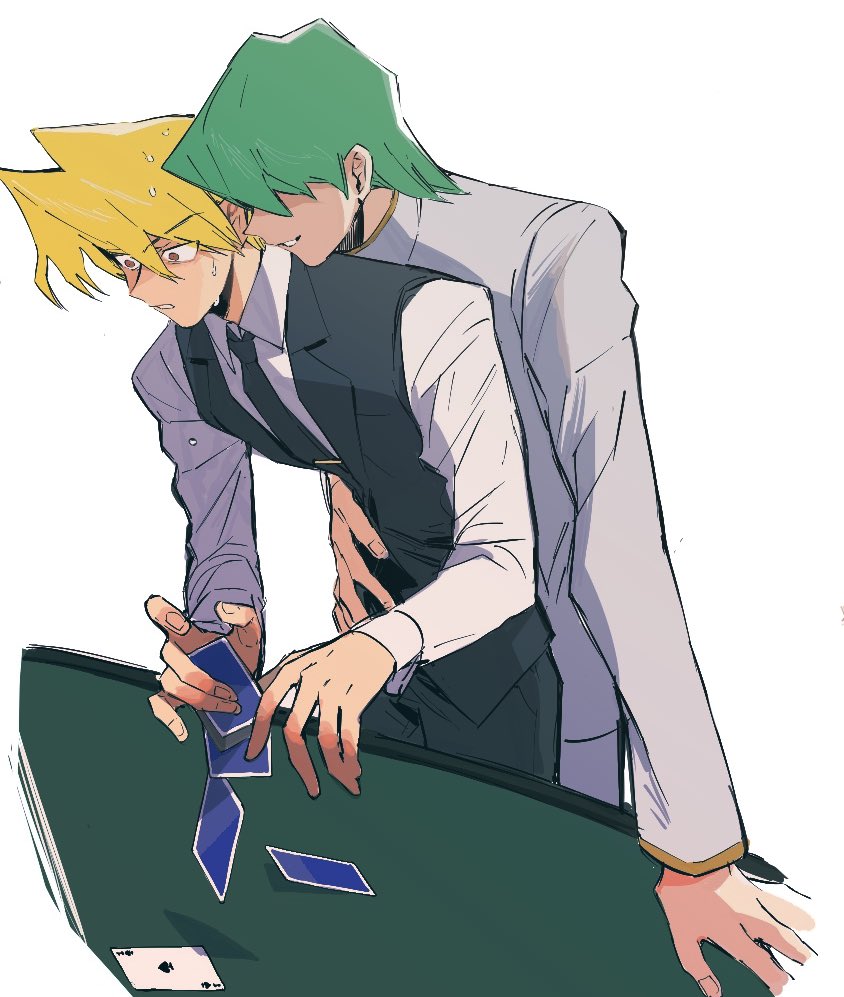 2boys alternate_costume black_necktie black_pants black_vest blonde_hair brown_eyes card collared_shirt covered_eyes dress_shirt formal green_hair grin hair_over_eyes hand_on_another's_stomach hand_on_table holding holding_card jacket jounouchi_katsuya kaiba_seto leaning_forward long_sleeves male_focus multiple_boys necktie official_alternate_hair_color pants playing_card shirt short_hair smile surprised sweatdrop table upper_body vest white_background white_jacket white_shirt yaoi yitiaodahe71 yu-gi-oh! yu-gi-oh!_(toei)