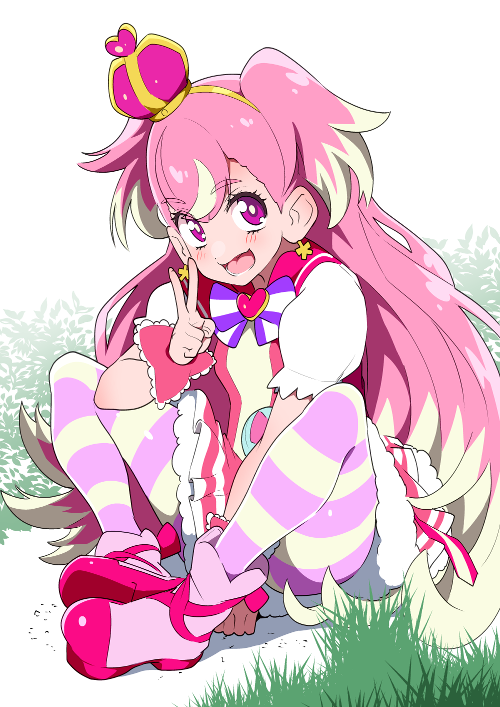 1girl :d blonde_hair blush bow bright_pupils brooch crown cure_wonderful dot_nose dress earrings full_body grass hairband heart heart_brooch highres inukai_komugi jewelry long_hair looking_at_viewer magical_girl mini_crown multicolored_bow multicolored_hair multicolored_pantyhose open_mouth pantyhose pink_dress pink_footwear pink_hair pink_wrist_cuffs precure puffy_sleeves purple_eyes shoes short_dress sitting smile solo streaked_hair striped_bow striped_clothes striped_pantyhose tilted_headwear tottotonero two-tone_hair v wonderful_precure! wrist_cuffs yellow_hairband