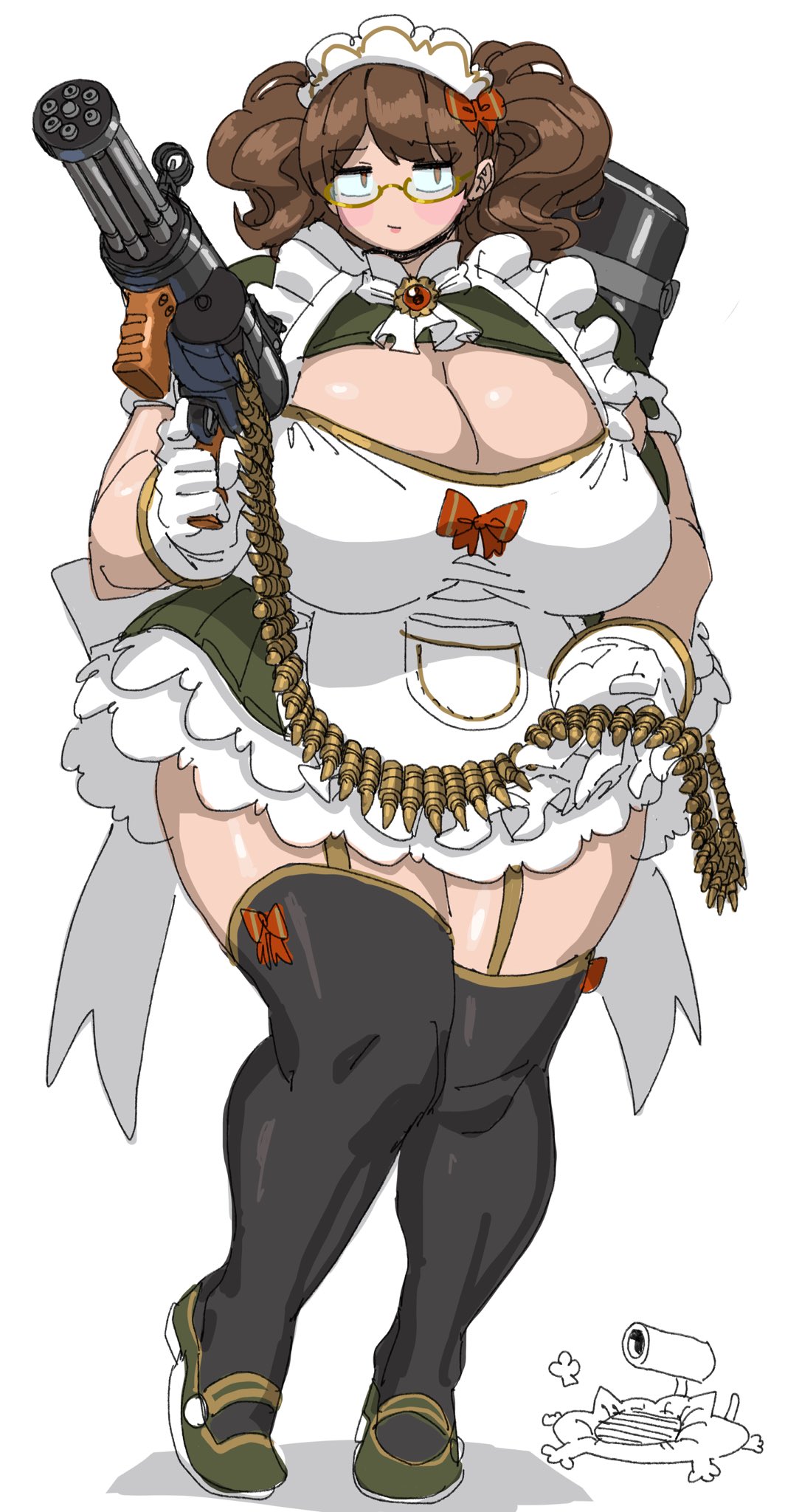 1girl ammunition_belt apron black_dress black_thighhighs bow breasts brown_eyes cleavage_cutout clothing_cutout dress fat frilled_apron frills garter_straps gloves gun hair_bow highres holding holding_gun holding_weapon huge_breasts large_breasts looking_at_viewer maid maid_headdress medium_hair obese original red_bow shadow simple_background solo thighhighs twintails utoka weapon weapon_on_back white_apron white_background white_gloves