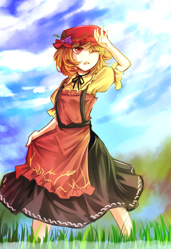 1girl aki_minoriko apron black_skirt blonde_hair blue_sky cloud commentary_request feet_out_of_frame food fruit grapes grass hat kutsuki_kai mob_cap one-hour_drawing_challenge one_eye_closed open_mouth outdoors red_apron red_eyes red_headwear short_hair short_sleeves skirt sky solo standing touhou