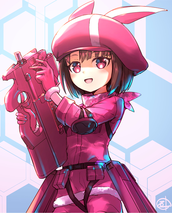 1girl animal_ear_headwear animal_ears bandana belt_pouch brown_hair bullpup character_name fake_animal_ears flat_chest fur-trimmed_gloves fur_trim gloves gun hat holding holding_gun holding_weapon ishiguchi_juu jacket llenn_(sao) looking_at_viewer open_mouth p-chan_(p90) p90 pants petite pink_bandana pink_eyes pink_gloves pink_headwear pink_jacket pink_pants pouch short_hair smile solo submachine_gun sword_art_online sword_art_online_alternative:_gun_gale_online trigger_discipline weapon