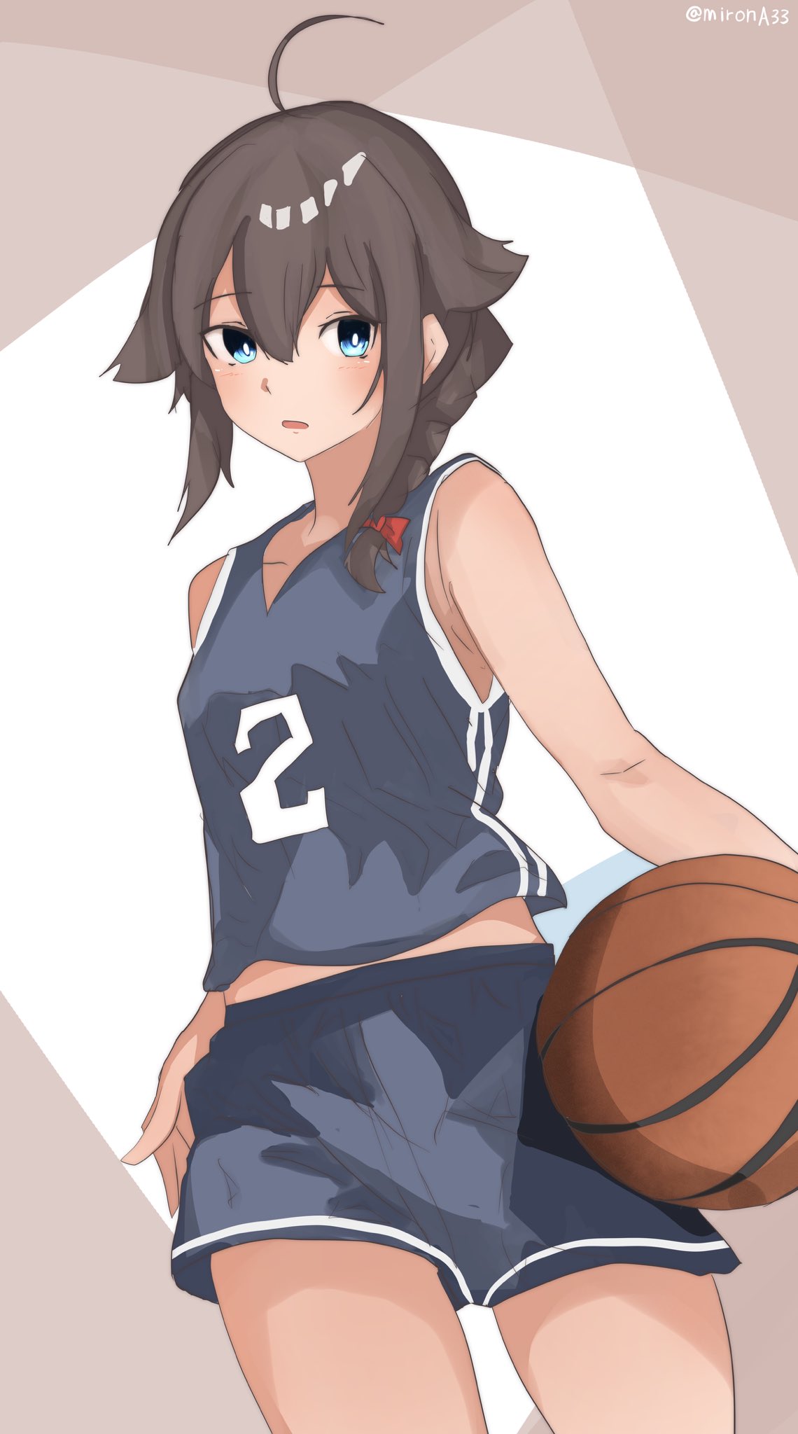 1girl ahoge alternate_costume ball basketball_(object) basketball_jersey basketball_uniform black_hair blue_eyes blue_shirt blue_shorts braid hair_flaps hair_over_shoulder highres kantai_collection long_hair looking_at_viewer miron_(mirona33) shigure_(kancolle) shigure_kai_ni_(kancolle) shirt shorts single_braid sleeveless sleeveless_shirt solo sportswear