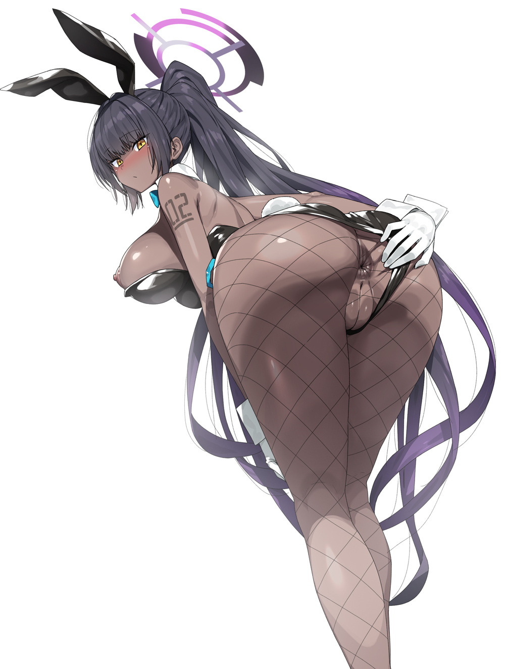 1girl animal_ears anus ass ass_focus bare_shoulders bent_over black_hair black_leotard blue_archive blush breasts cleft_of_venus clothing_aside commentary_request dark-skinned_female dark_skin detached_collar fake_animal_ears fishnet_pantyhose fishnets gloves halo highleg highleg_leotard highres karin_(blue_archive) karin_(bunny)_(blue_archive) large_breasts leotard leotard_aside long_hair looking_at_viewer looking_back munashi_mujou nipples official_alternate_costume pantyhose playboy_bunny ponytail pussy rabbit_ears sidelocks simple_background solo thighs uncensored very_long_hair white_background white_gloves yellow_eyes